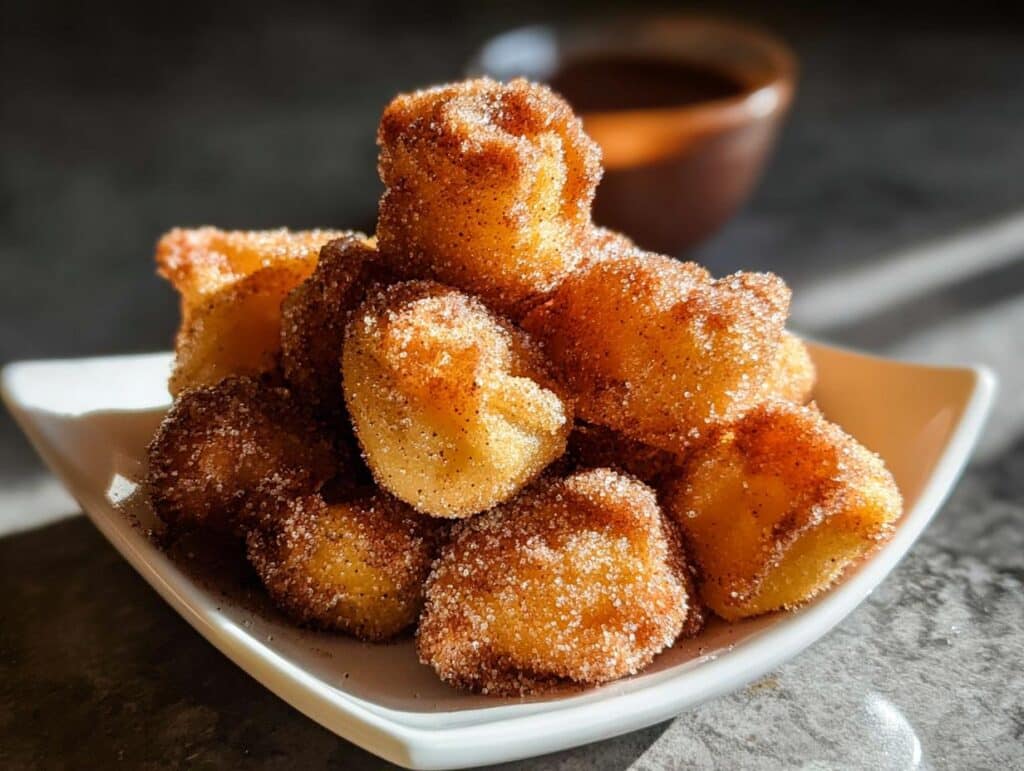 A close-up of a stack of golden Crispy Air Fryer Churro Bites generously coated in cinnamon sugar.