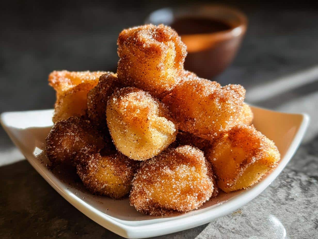 A close-up of a stack of golden Crispy Air Fryer Churro Bites generously coated in cinnamon sugar.