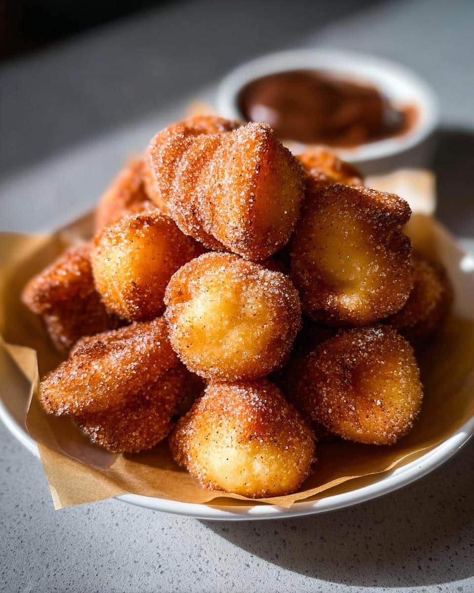A close-up of a mound of golden, sugar-coated Crispy Air Fryer Churro Bites served on parchment paper.