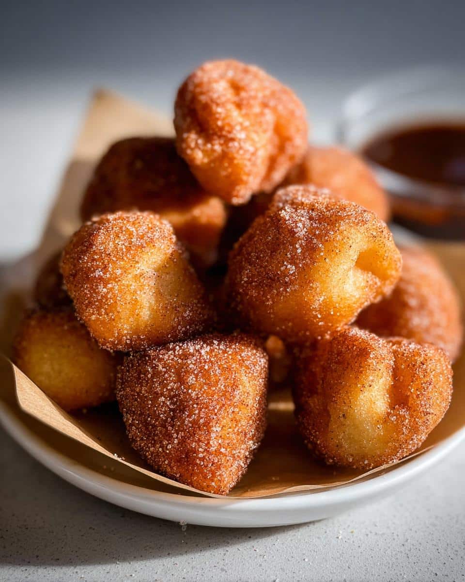 A stack of golden brown, sugar-coated Crispy Air Fryer Churro Bites served on a white plate with dipping sauce blurred in the background.