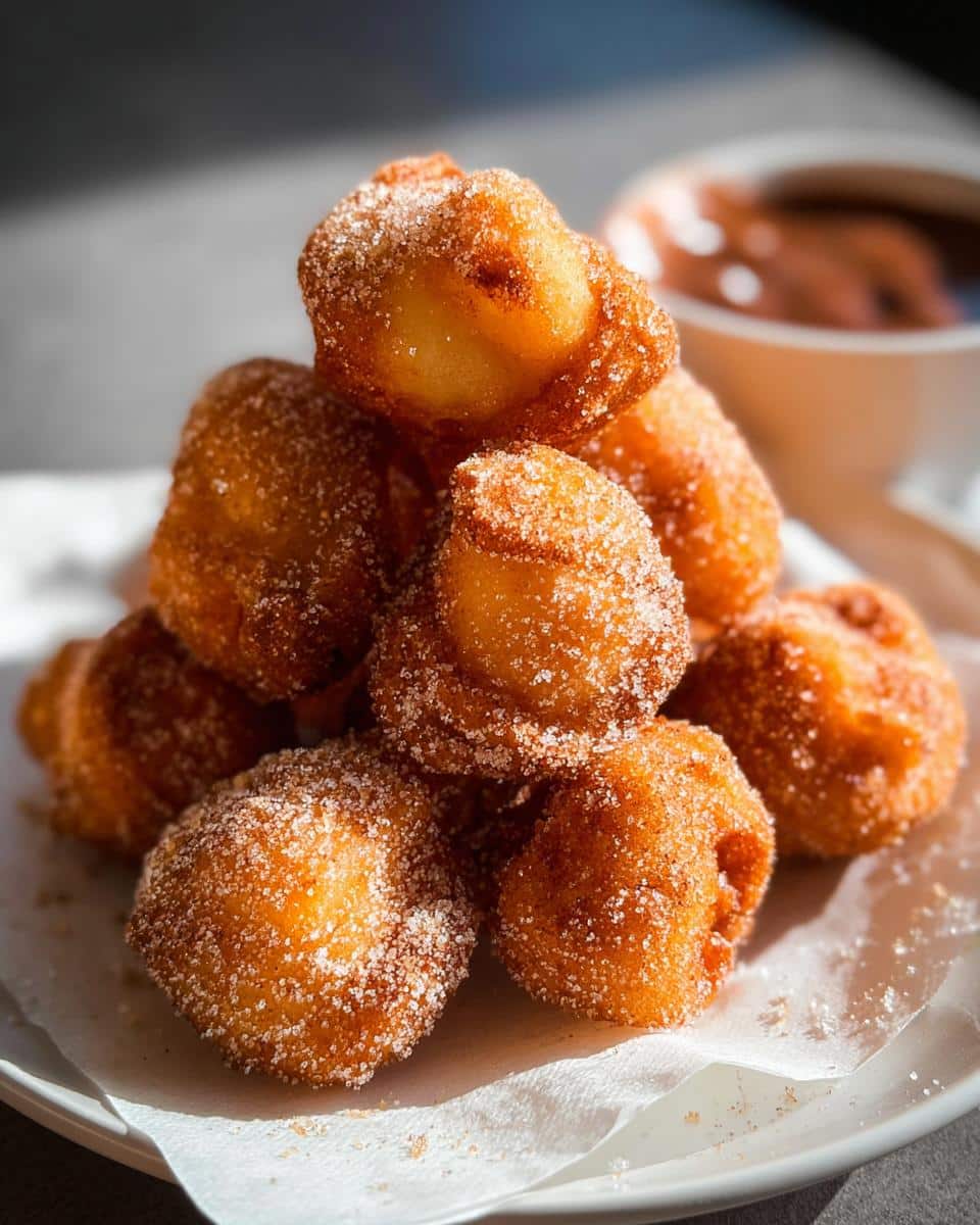 A close-up stack of golden brown, sugar-coated Crispy Air Fryer Churro Bites resting on a white napkin.