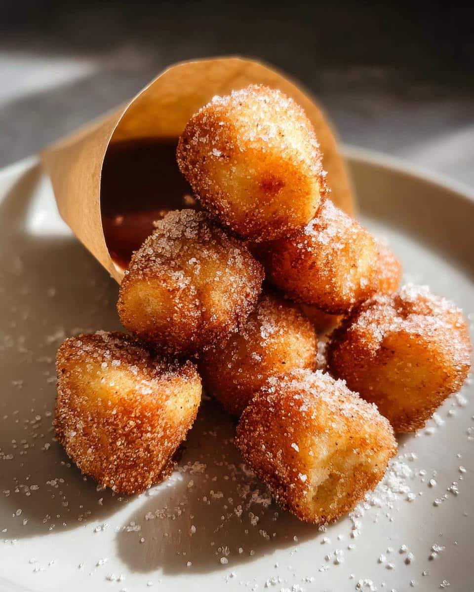 A pile of golden, sugar-coated Crispy Air Fryer Churro Bites spilling from a brown paper cone onto a white plate.