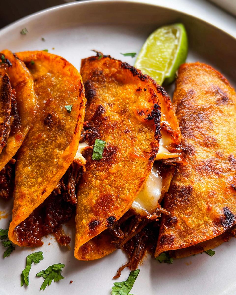 Close-up of three crispy, red-orange Authentic Birria Tacos filled with shredded beef and melted cheese, served with a lime wedge.