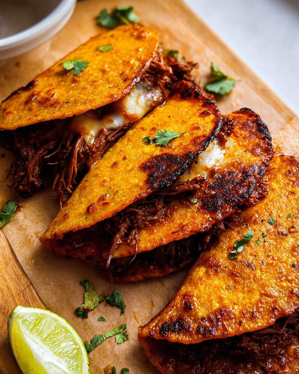 Four crispy, deep-red, cheesy Authentic Birria Tacos served on parchment paper with a lime wedge.