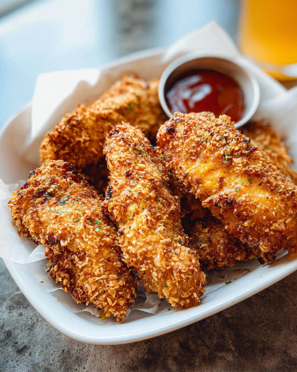 Close-up of golden, crispy Baked Honey Mustard Chicken Tenders served in a white dish with a side of dipping sauce.