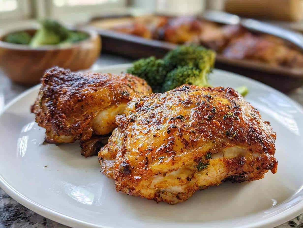 Two perfectly seasoned and crispy Baked Low Carb Chicken Thighs served on a white plate with steamed broccoli.