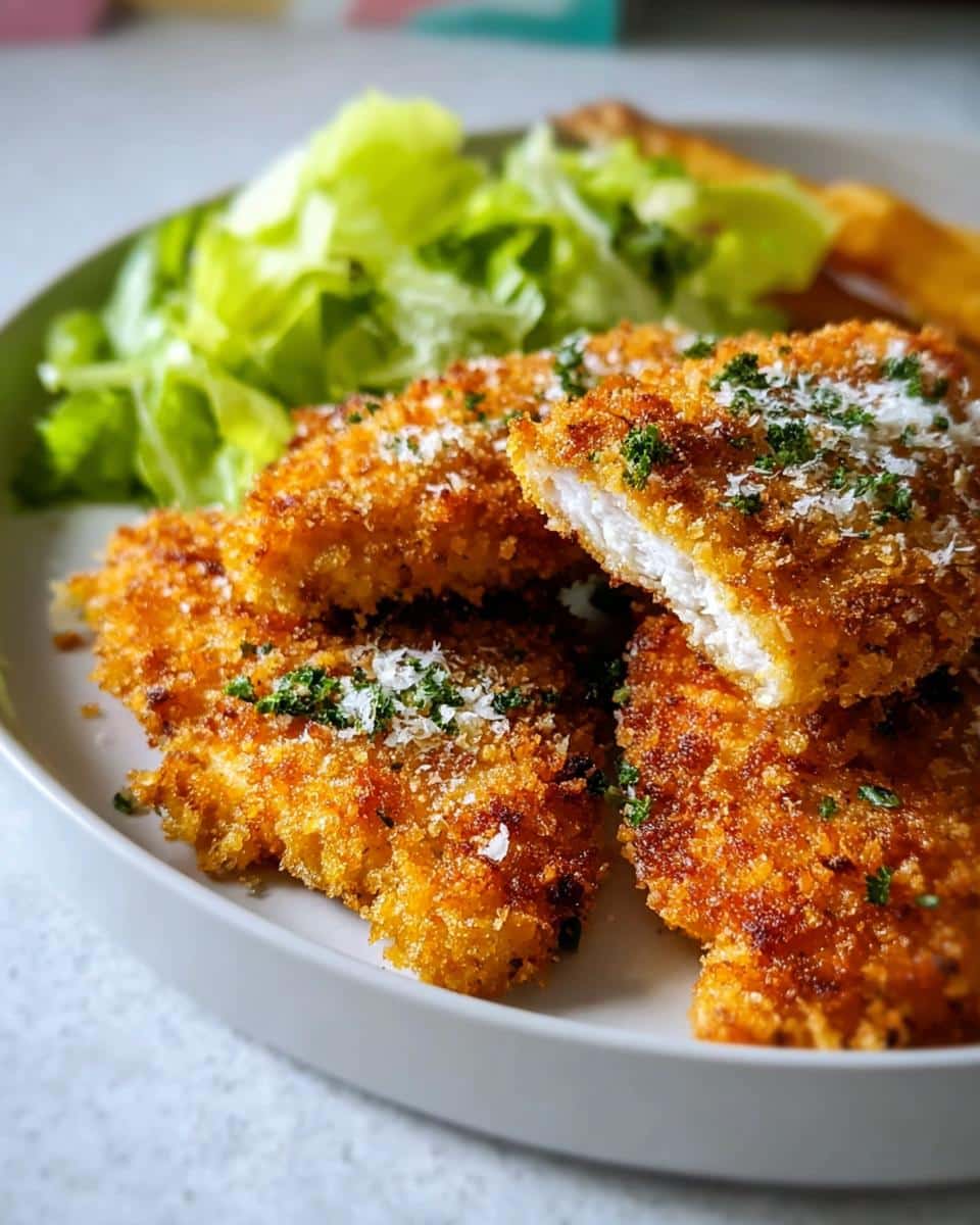 Close-up of golden brown Crispy Parmesan Baked Chicken Tenders, one piece cut to show white interior, topped with grated cheese.