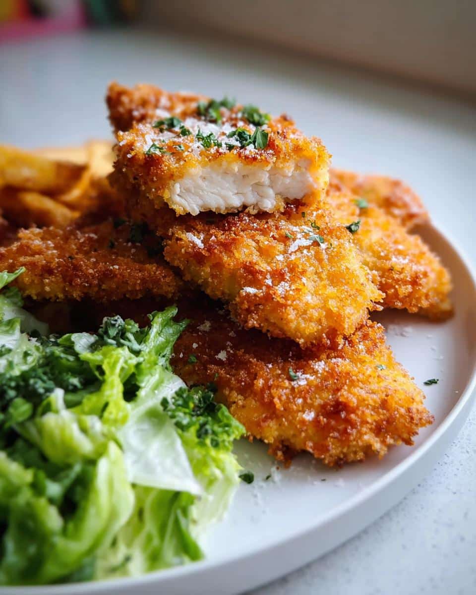 Close-up of Crispy Parmesan Baked Chicken Tenders, one piece cut to show juicy white meat inside, garnished with cheese.