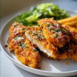Close-up of golden brown Crispy Parmesan Baked Chicken Tenders, one cut open showing white meat.