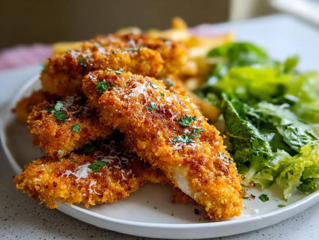 Close-up of golden brown Crispy Parmesan Baked Chicken Tenders garnished with grated cheese and parsley.