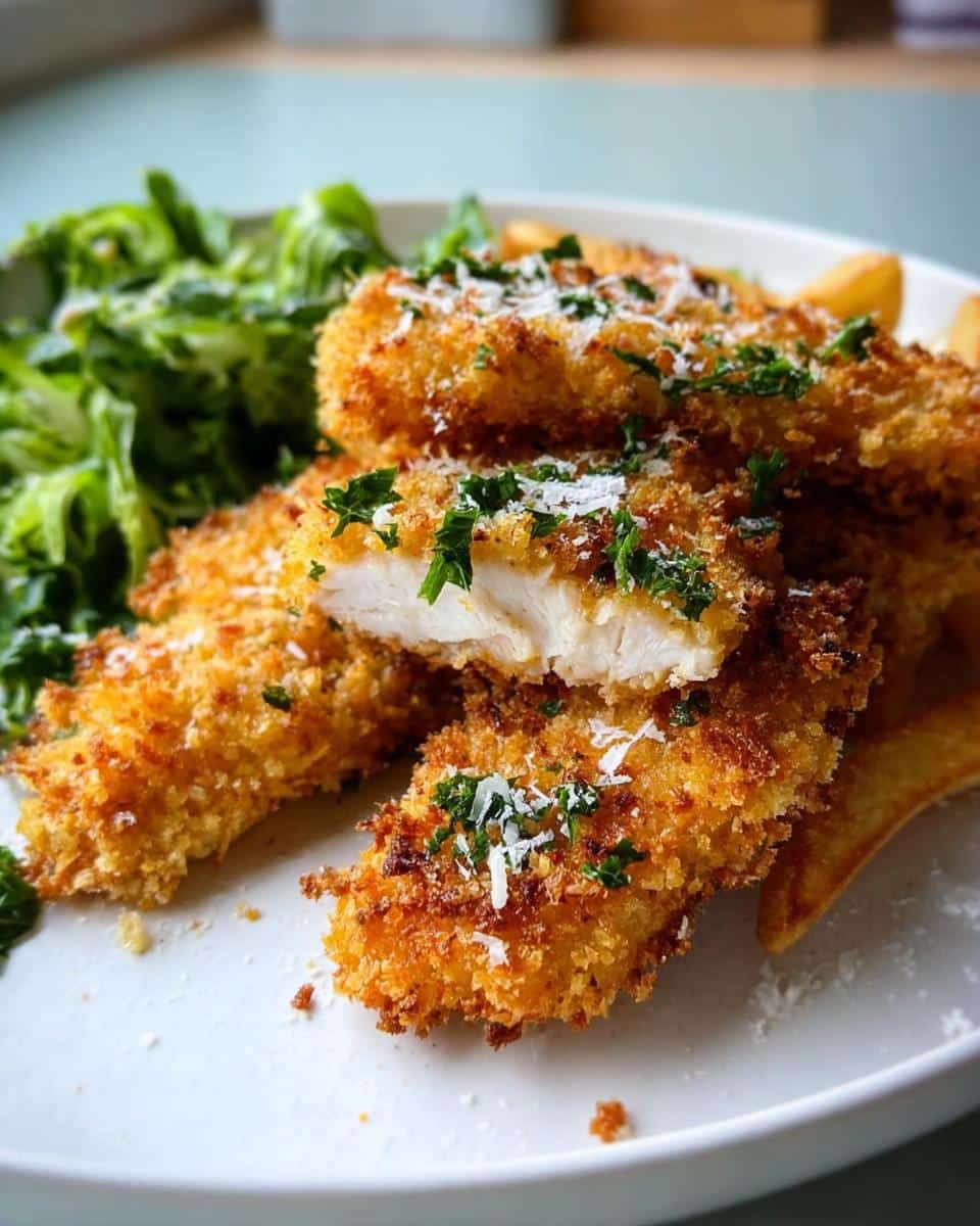 Close-up of golden Crispy Parmesan Baked Chicken Tenders, one cut open to show white meat, topped with cheese and parsley.