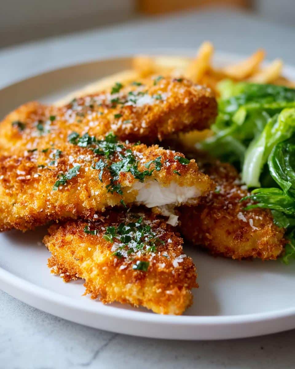 Close-up of golden brown Crispy Parmesan Baked Chicken Tenders, garnished with cheese and parsley, served with fries and lettuce.