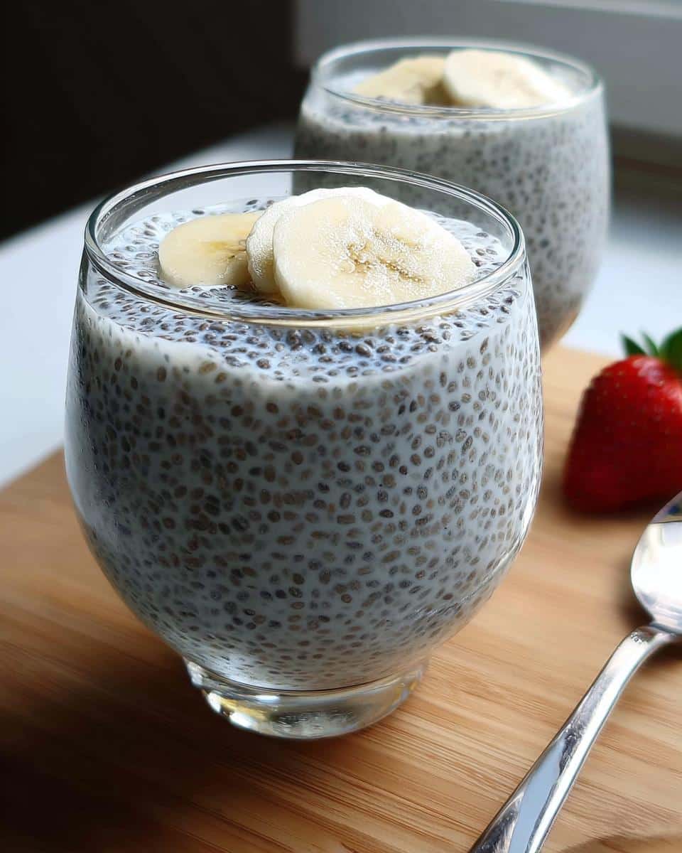 Close-up of Dairy-Free Vanilla Chia Pudding topped with fresh banana slices in a glass.