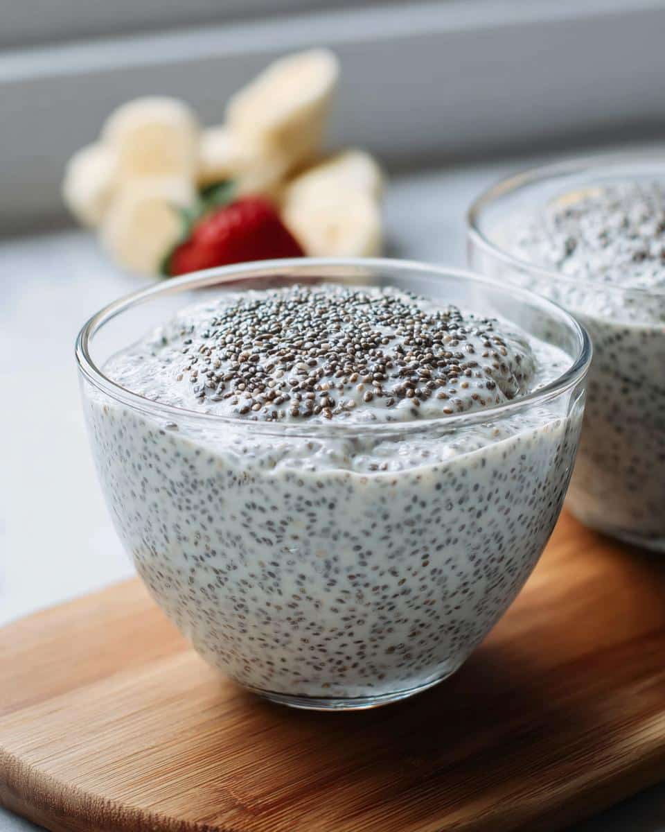 Close-up of Dairy-Free Vanilla Chia Pudding in a glass bowl, topped with extra chia seeds.