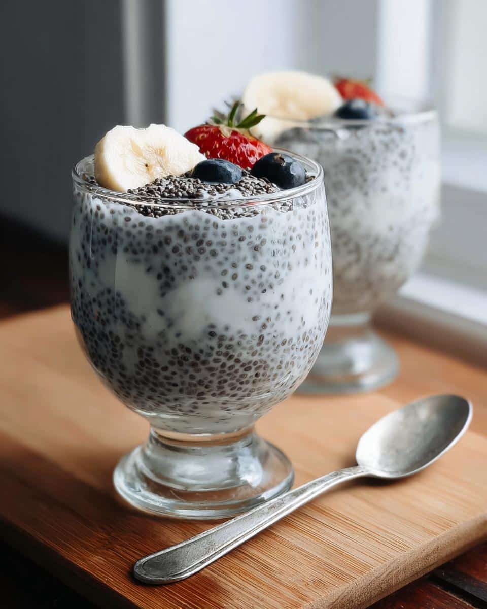 Close-up of Dairy-Free Vanilla Chia Pudding topped with banana, strawberries, and blueberries.
