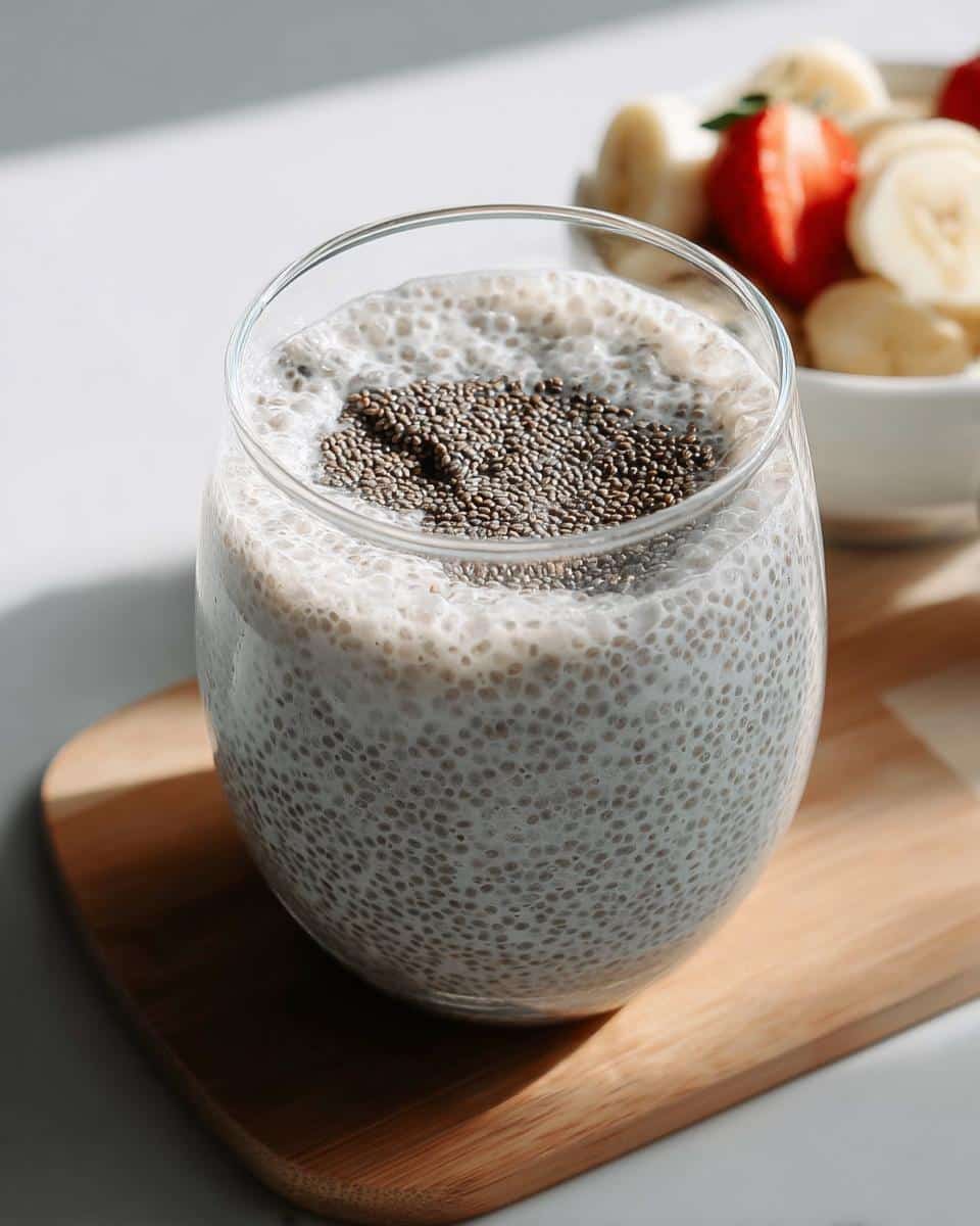 Close-up of Dairy-Free Vanilla Chia Pudding in a glass, topped with dry chia seeds.