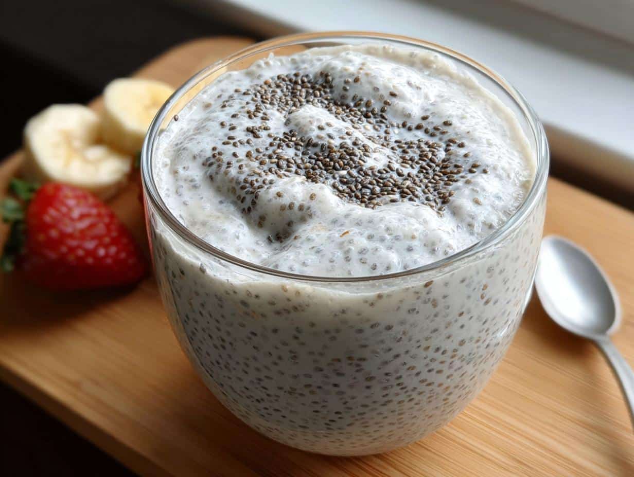 Close-up of Dairy-Free Vanilla Chia Pudding topped with seeds in a glass, served with banana and strawberry slices.