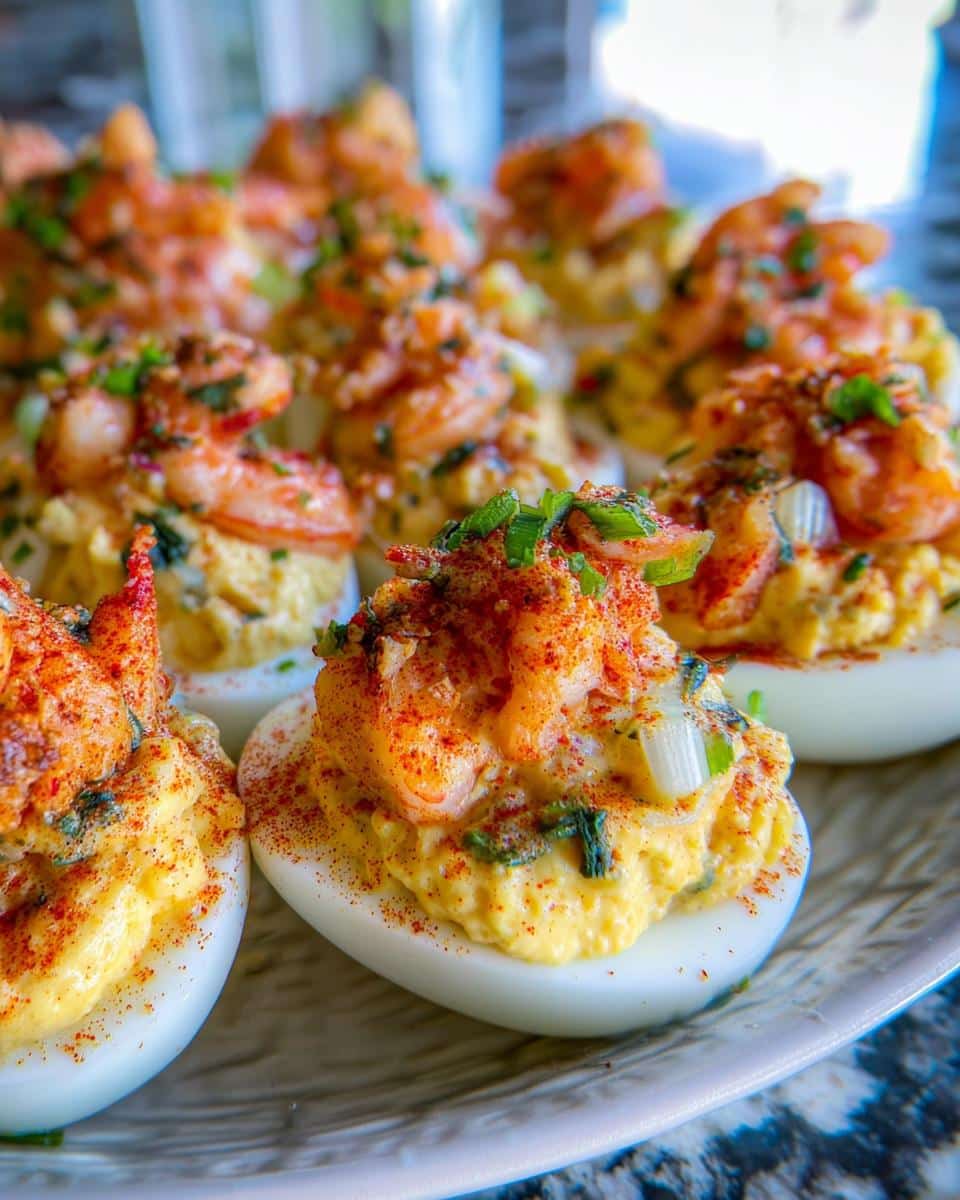 Close-up of several Delightful Crawfish Deviled Eggs topped with seasoned crawfish and paprika.