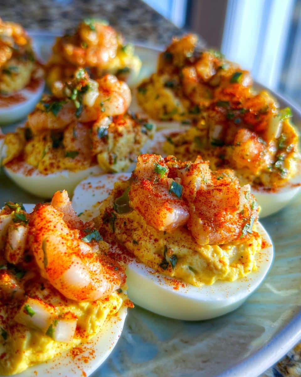 Close-up of several Delightful Crawfish Deviled Eggs topped with seasoned crawfish pieces and paprika.