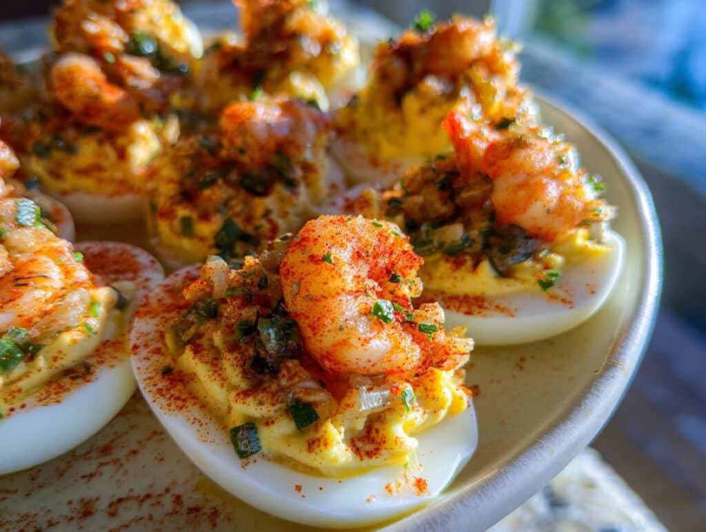 Close-up of several Delightful Crawfish Deviled Eggs topped with seasoned crawfish and paprika.