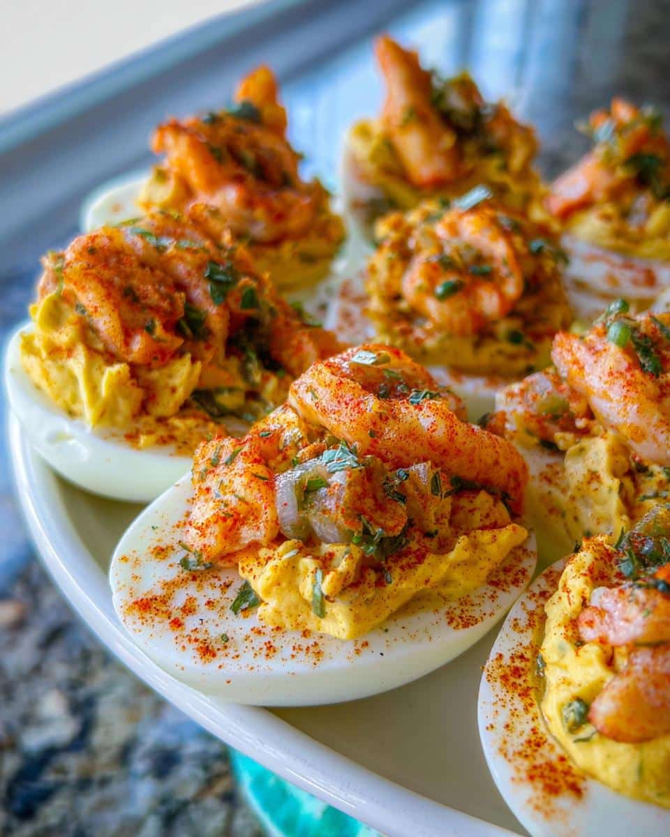 Close-up of several Delightful Crawfish Deviled Eggs topped with seasoned crawfish and paprika.