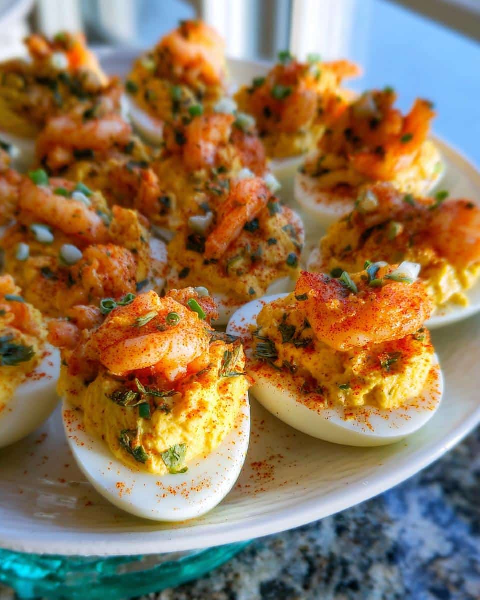 Close-up of several Delightful Crawfish Deviled Eggs topped with seasoned crawfish and chives on a white platter.
