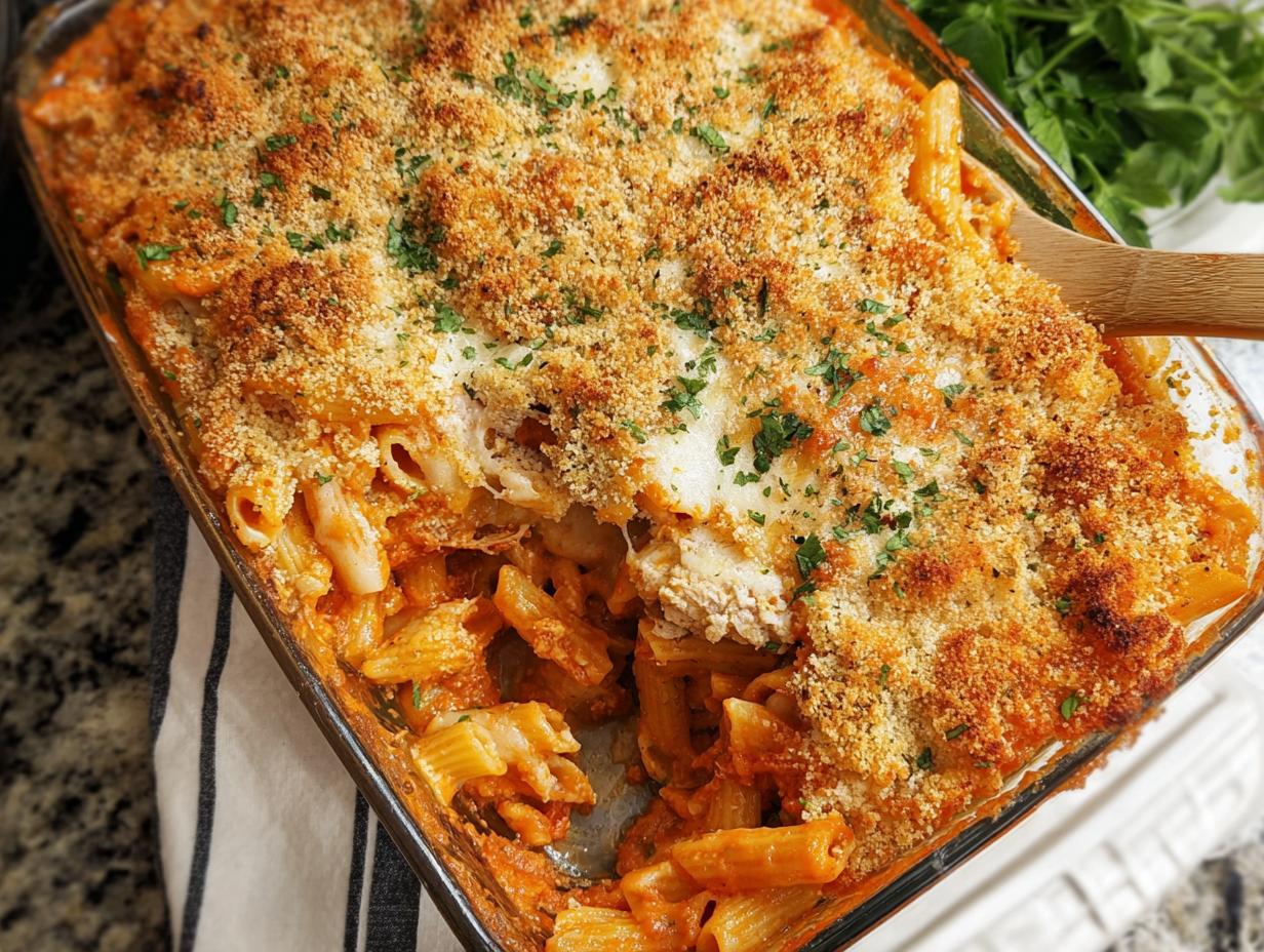 Close-up of a baked Dump-and-Bake Chicken Parmesan Casserole with a crispy breadcrumb topping and melted cheese.