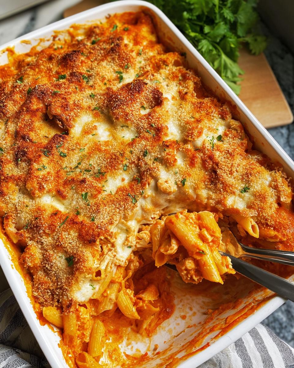 Serving a portion of the golden-brown Dump-and-Bake Chicken Parmesan Casserole from a white dish.