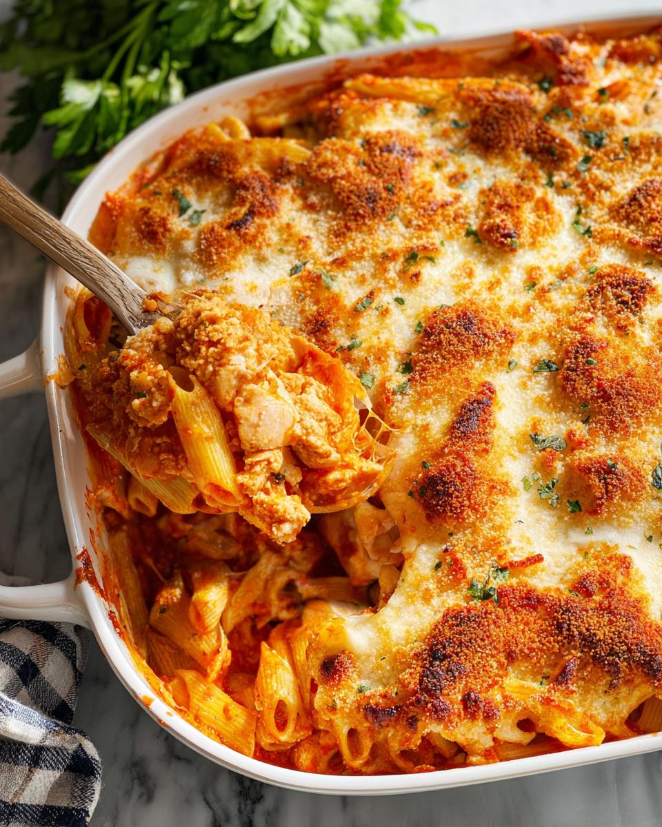 A wooden spoon lifts a cheesy, saucy portion of Dump-and-Bake Chicken Parmesan Casserole from a white baking dish.