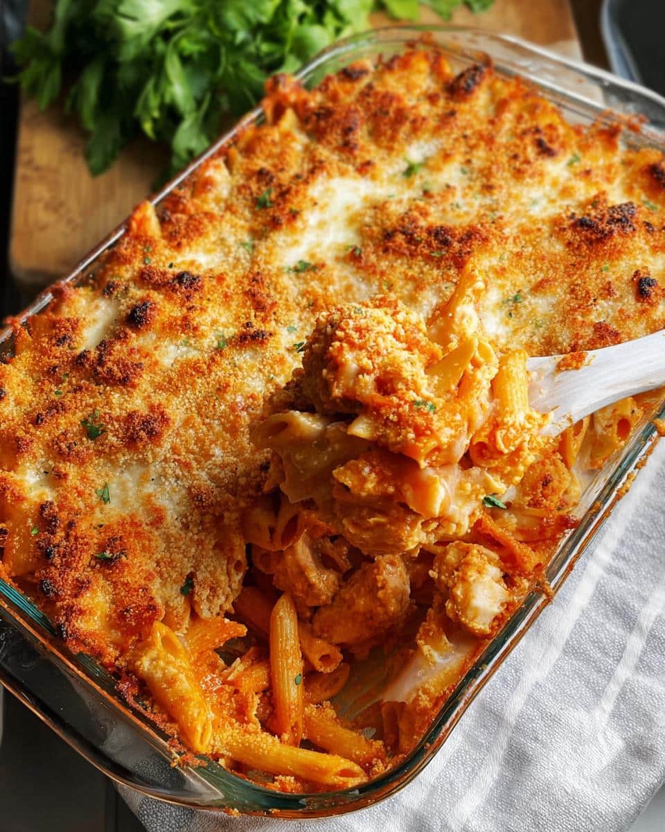 A wooden spoon serving a portion of cheesy Dump-and-Bake Chicken Parmesan Casserole from a glass baking dish.
