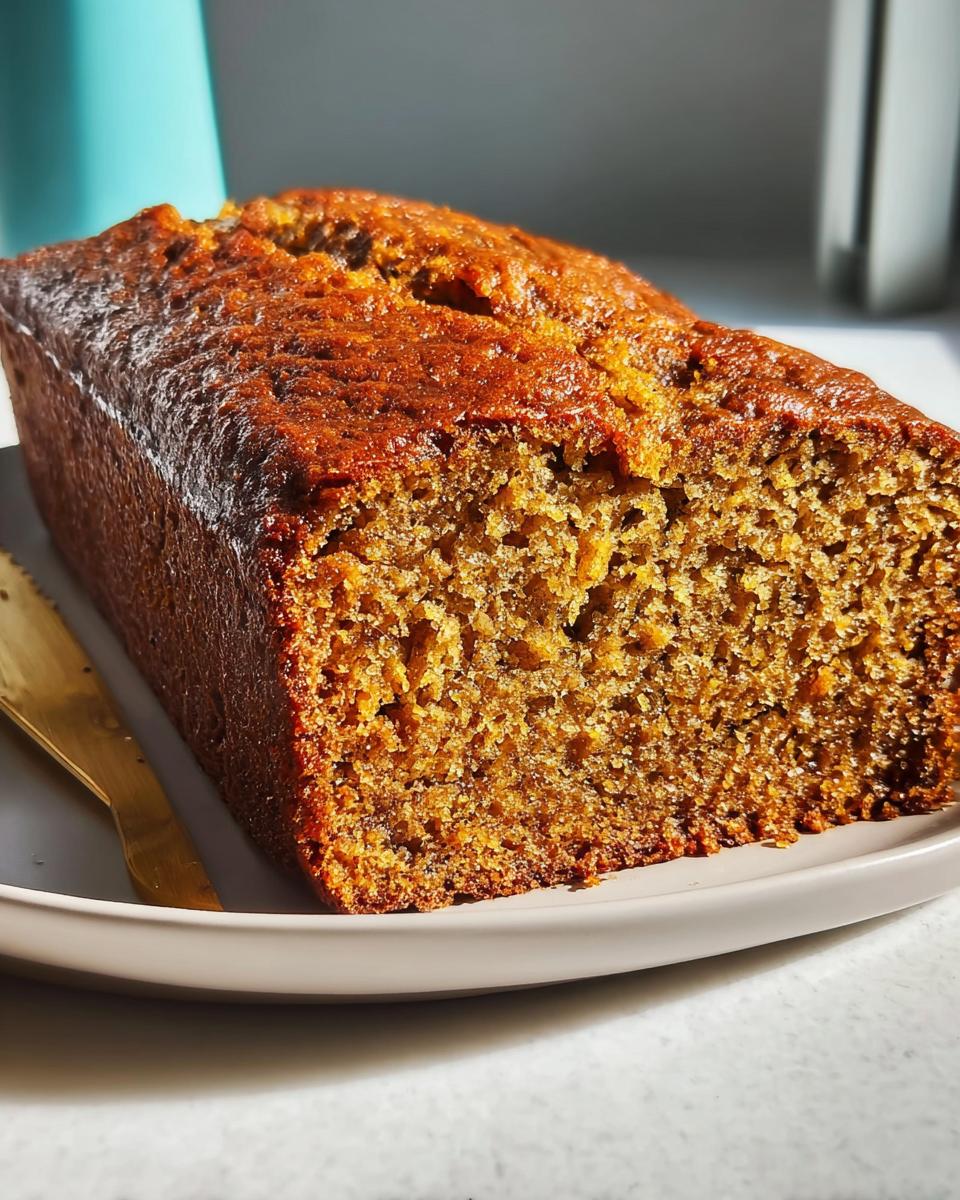 A close-up of a golden-brown loaf of Easiest Homemade Banana Bread, showing a moist, textured crumb.