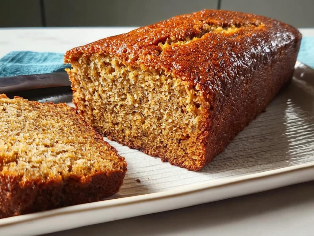 Close-up of a freshly baked loaf of Easiest Homemade Banana Bread with one slice cut.