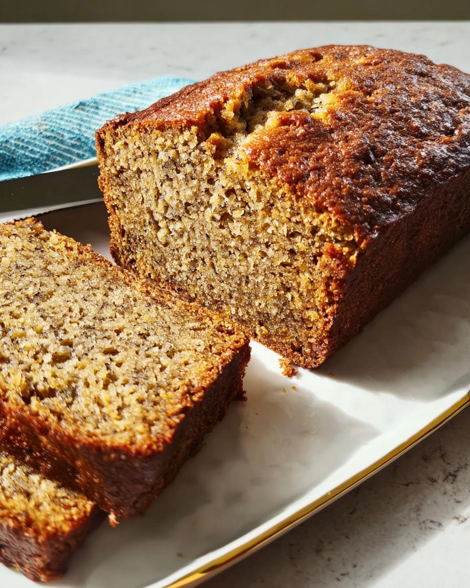 A freshly baked loaf of Easiest Homemade Banana Bread, sliced and sitting on a white platter.