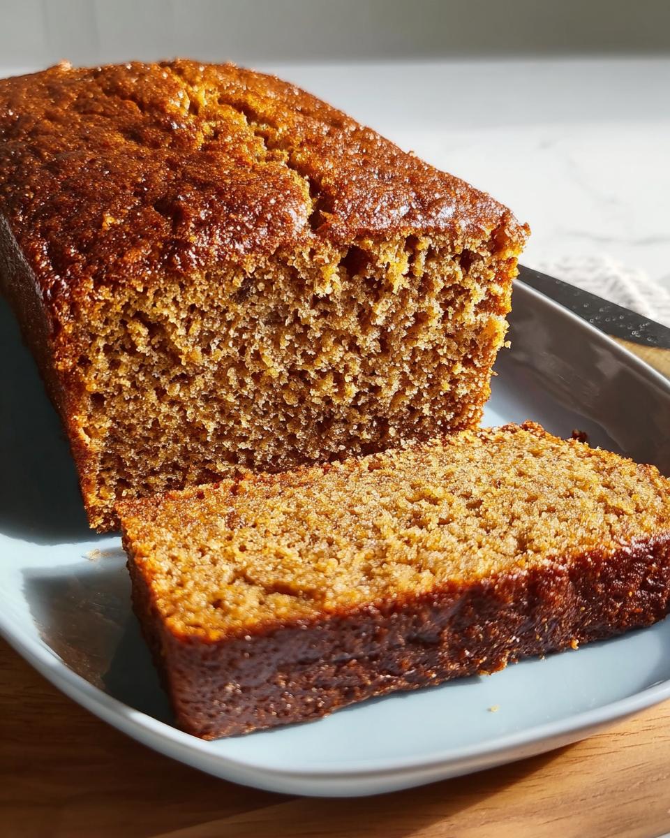 A close-up of a slice cut from a loaf of Easiest Homemade Banana Bread, showing its moist, brown crumb.