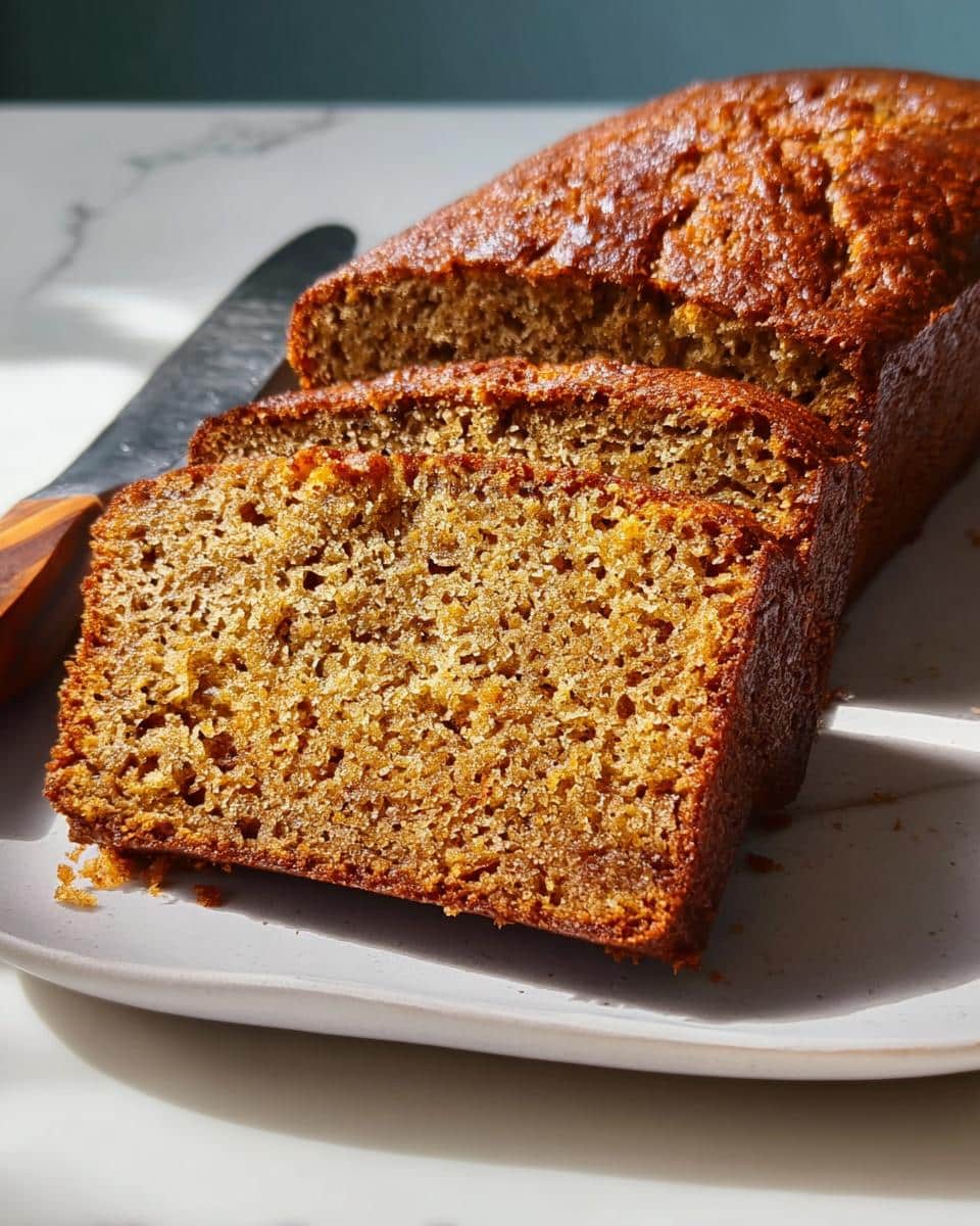 Close-up of sliced Easiest Homemade Banana Bread, showing moist, golden-brown crumb texture.