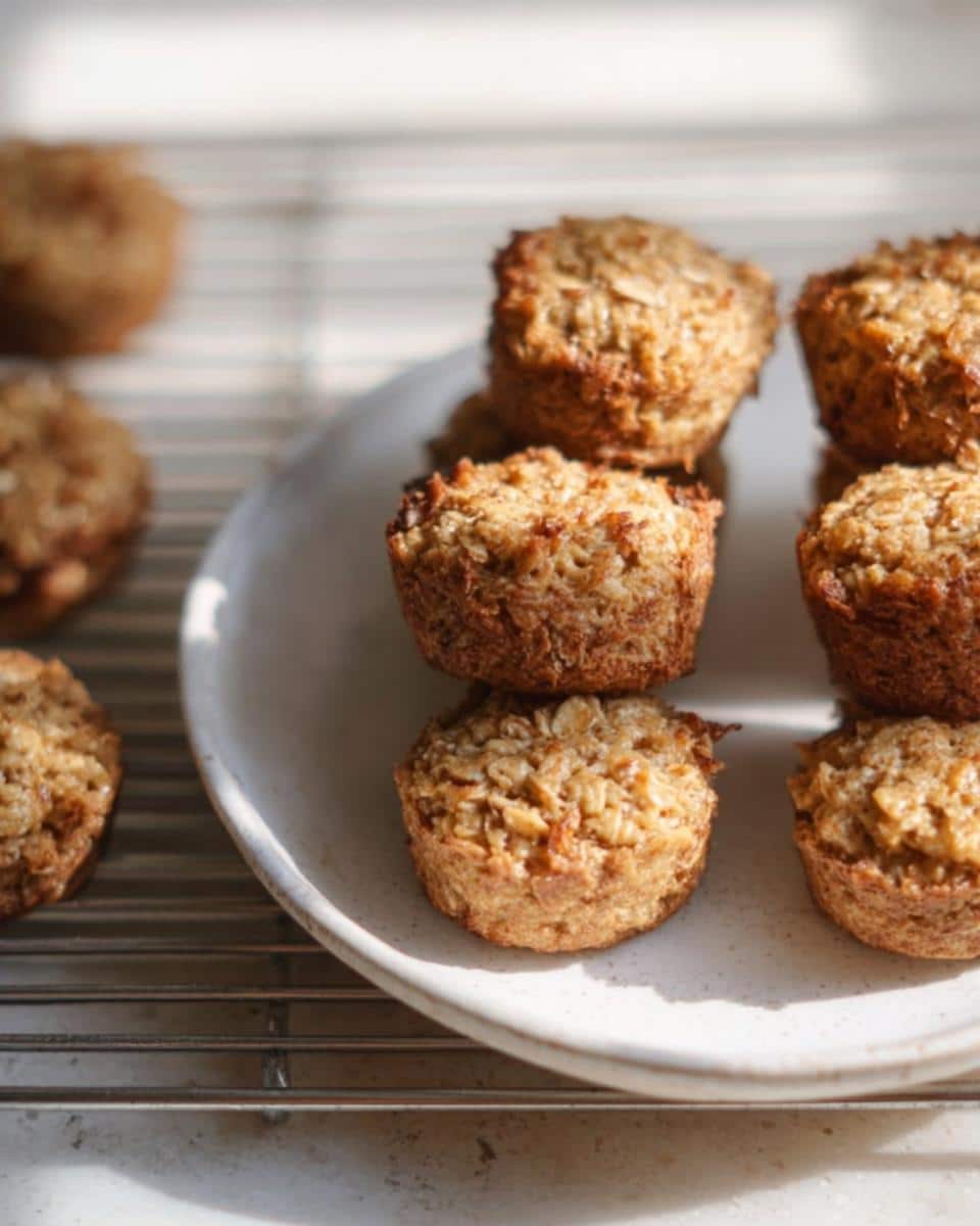 Several golden-brown Easy Banana Oat Snack Bites stacked on a speckled white plate near a wire cooling rack.