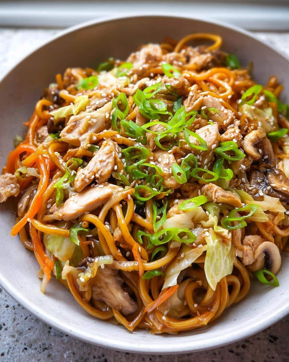 A close-up of a bowl filled with Easy Chicken Lo Mein Recipe, topped with scallions and sesame seeds.