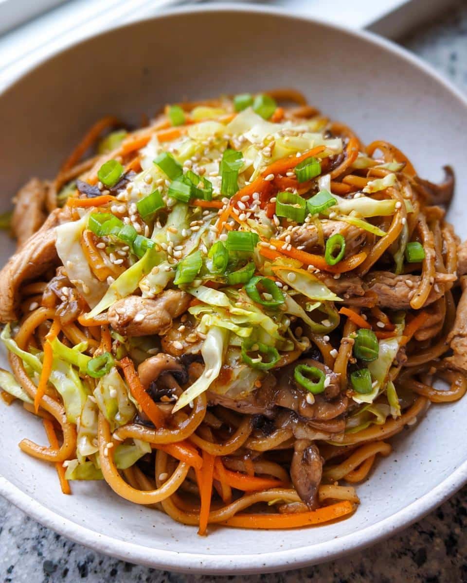 Close-up of a bowl filled with Easy Chicken Lo Mein Recipe, featuring noodles, chicken, cabbage, carrots, and green onions.