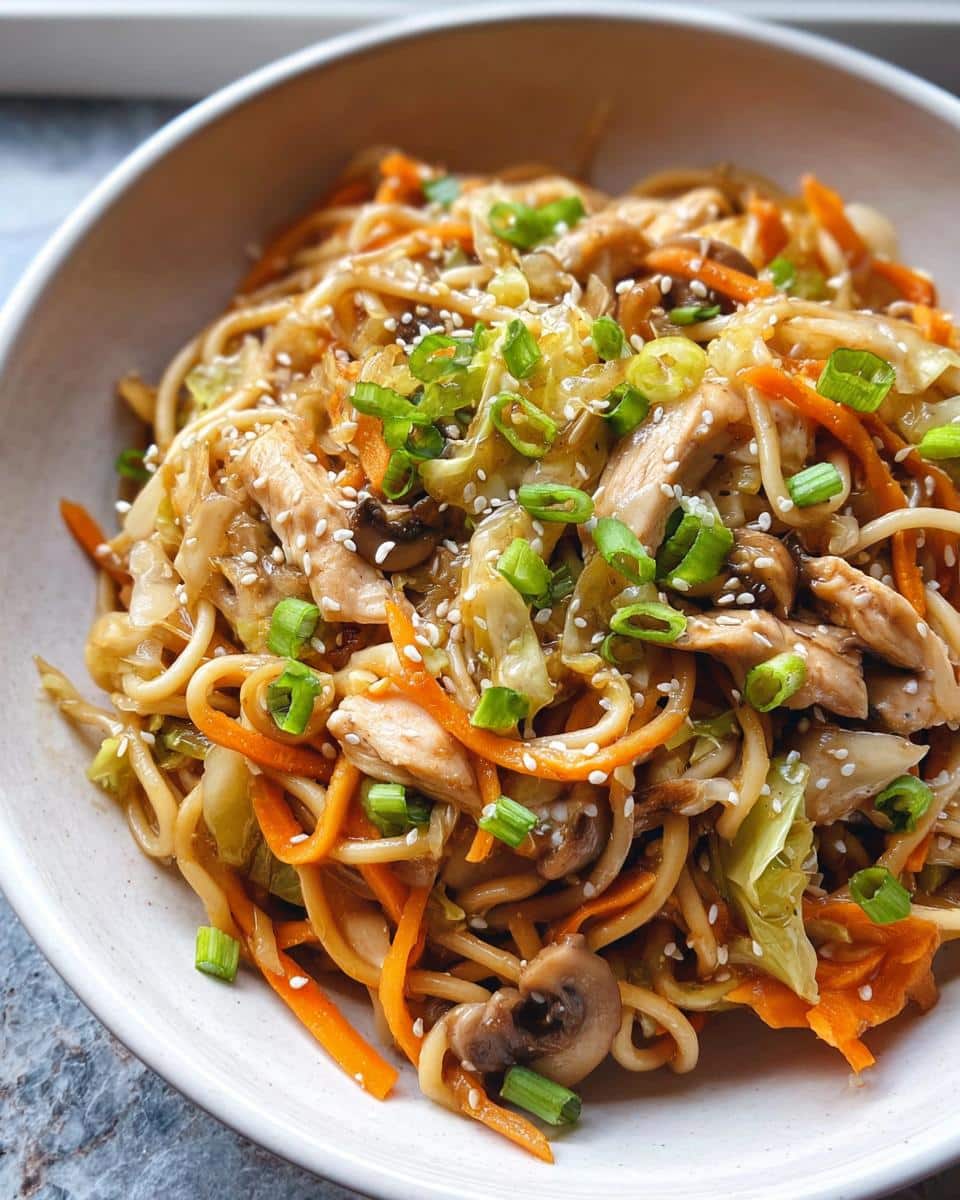 A close-up of a bowl filled with Easy Chicken Lo Mein Recipe, topped with sesame seeds and green onions.