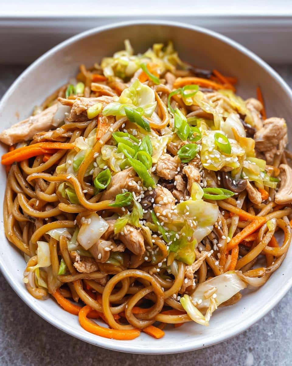 A close-up of a bowl filled with Easy Chicken Lo Mein Recipe, featuring noodles, chicken pieces, cabbage, carrots, and green onions.