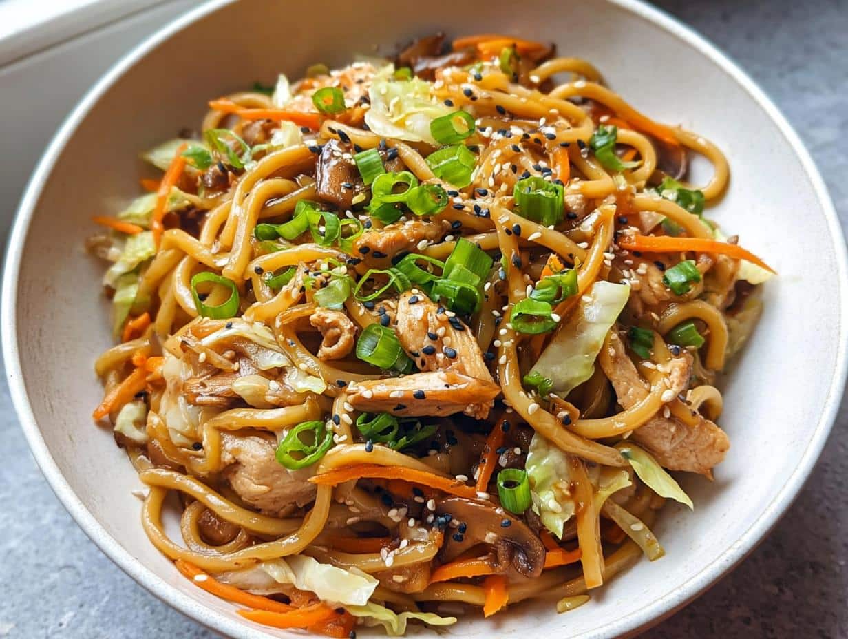 A close-up of a bowl filled with Easy Chicken Lo Mein Recipe, featuring thick noodles, chicken, carrots, cabbage, and sesame seeds.