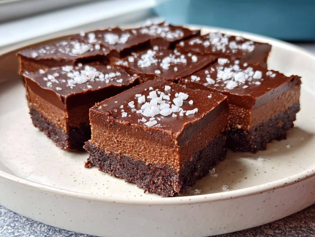 Close-up of several Easy Chocolate Fudge Squares topped with flaky sea salt on a speckled plate.