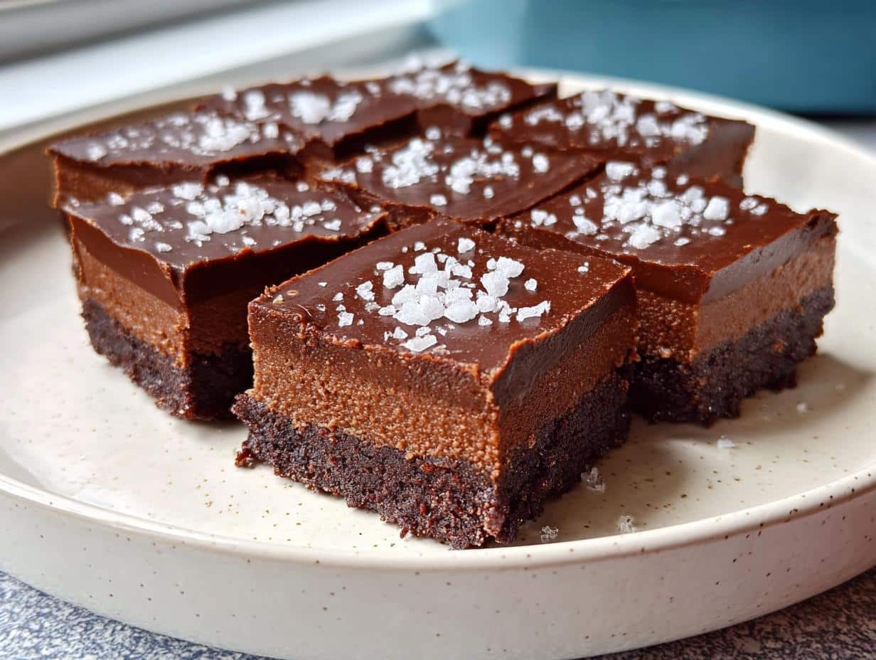 Close-up of several Easy Chocolate Fudge Squares topped with flaky sea salt on a speckled plate.