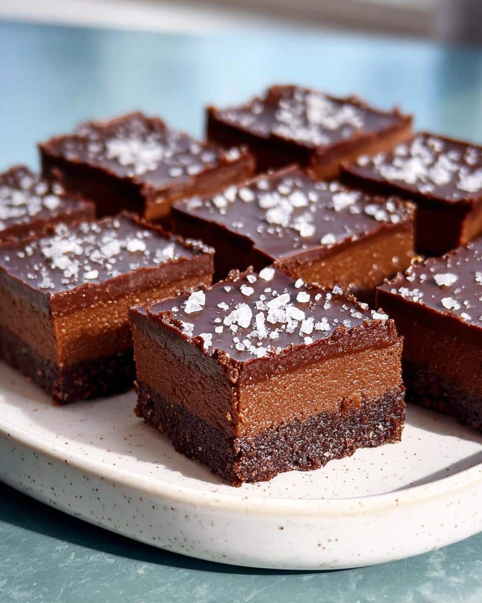Several rich, layered Easy Chocolate Fudge Squares topped with glossy ganache and flaky sea salt.