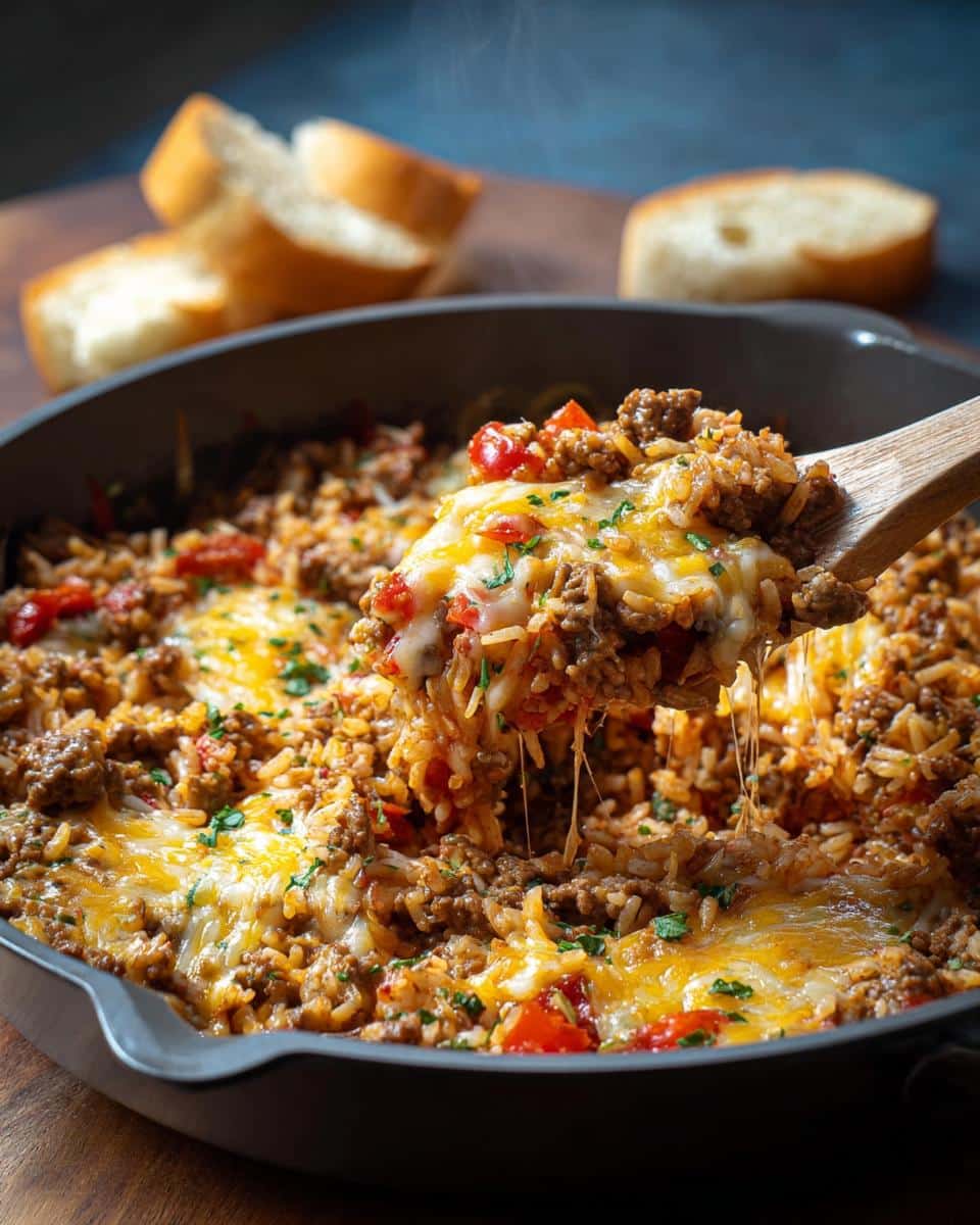 A spoonful of cheesy Easy Ground Beef Skillet Meal being lifted from a hot skillet, showing melted cheese pull.