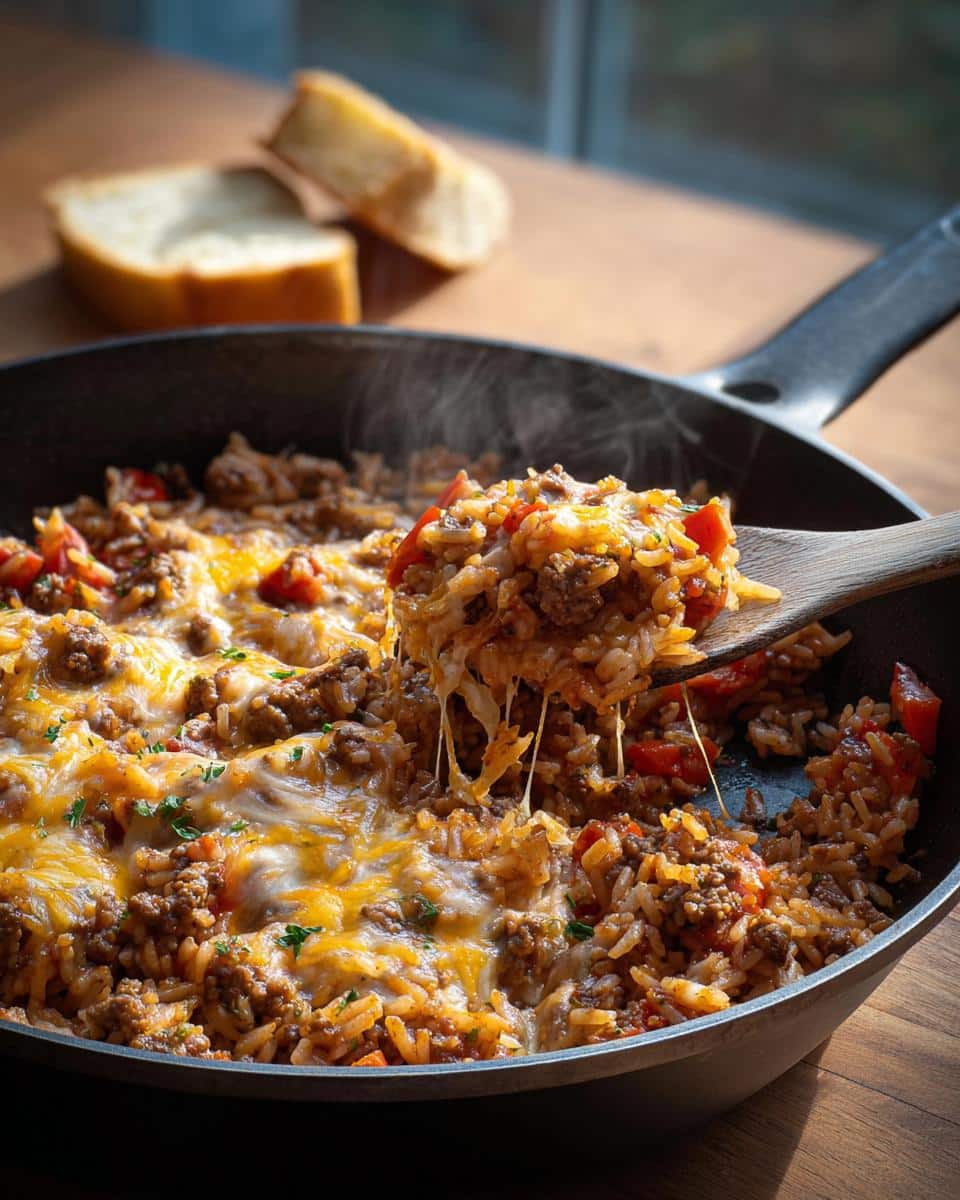 A wooden spoon lifts a steaming portion of an Easy Ground Beef Skillet Meal from a black pan.