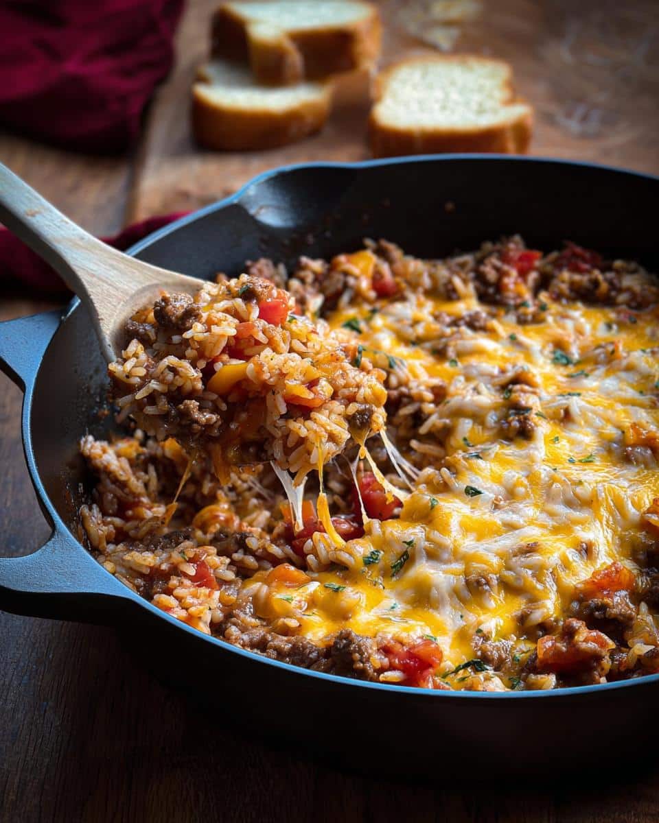 A wooden spoon lifts a cheesy portion of an Easy Ground Beef Skillet Meal featuring rice, ground beef, and tomatoes.