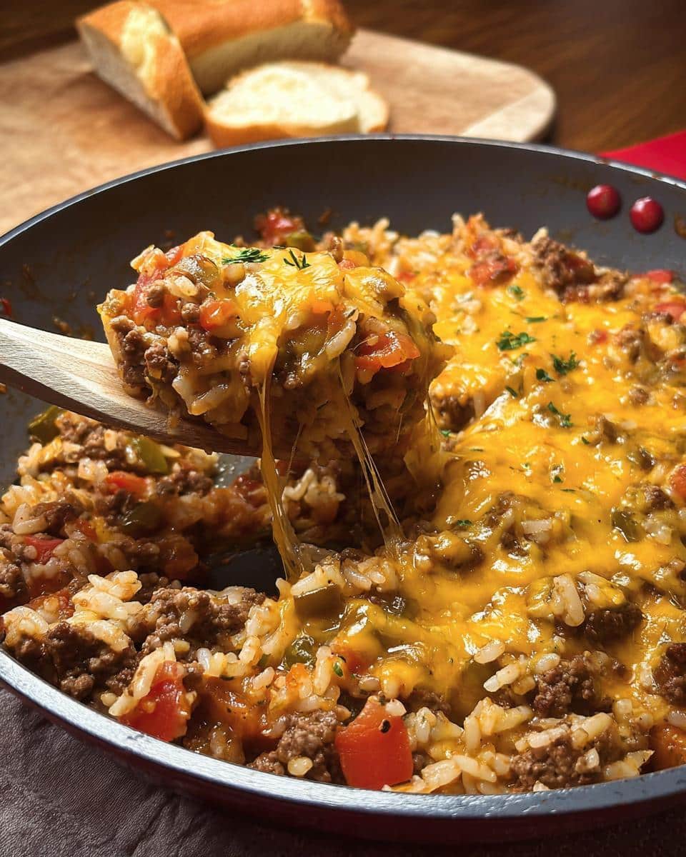A spoonful of Easy Ground Beef Skillet Meal showing melted, stretchy cheese over ground beef, rice, and tomatoes in a skillet.