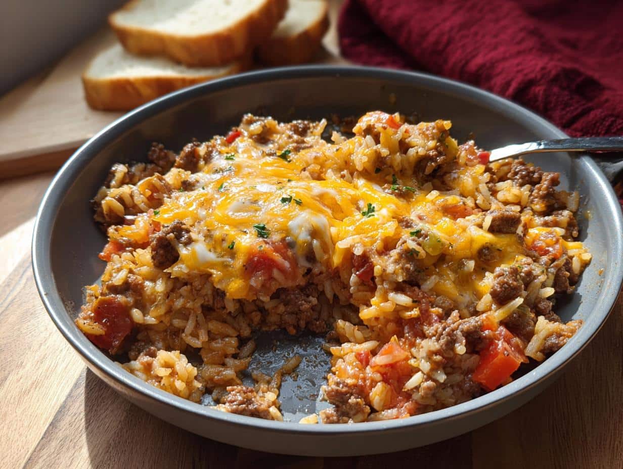 A close-up of an Easy Ground Beef Skillet Meal with rice, tomatoes, and melted cheddar cheese topping.