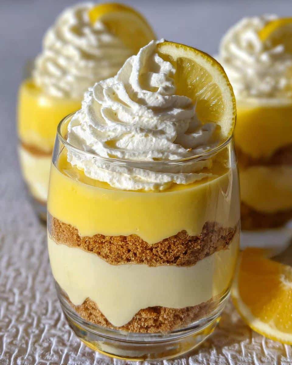 Close-up of one of the Easy Lemon Dessert Cups layered with graham cracker crust, lemon pudding, and topped with whipped cream and a lemon slice.